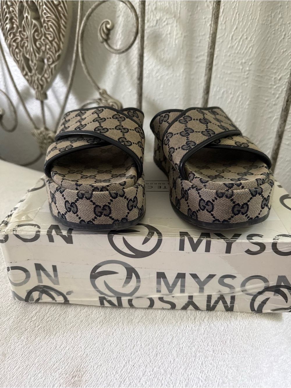 Excellent Preowned Condition Authentic Gucci Monogram Cross-Strap Wedge Slides - Picture 3 of 16